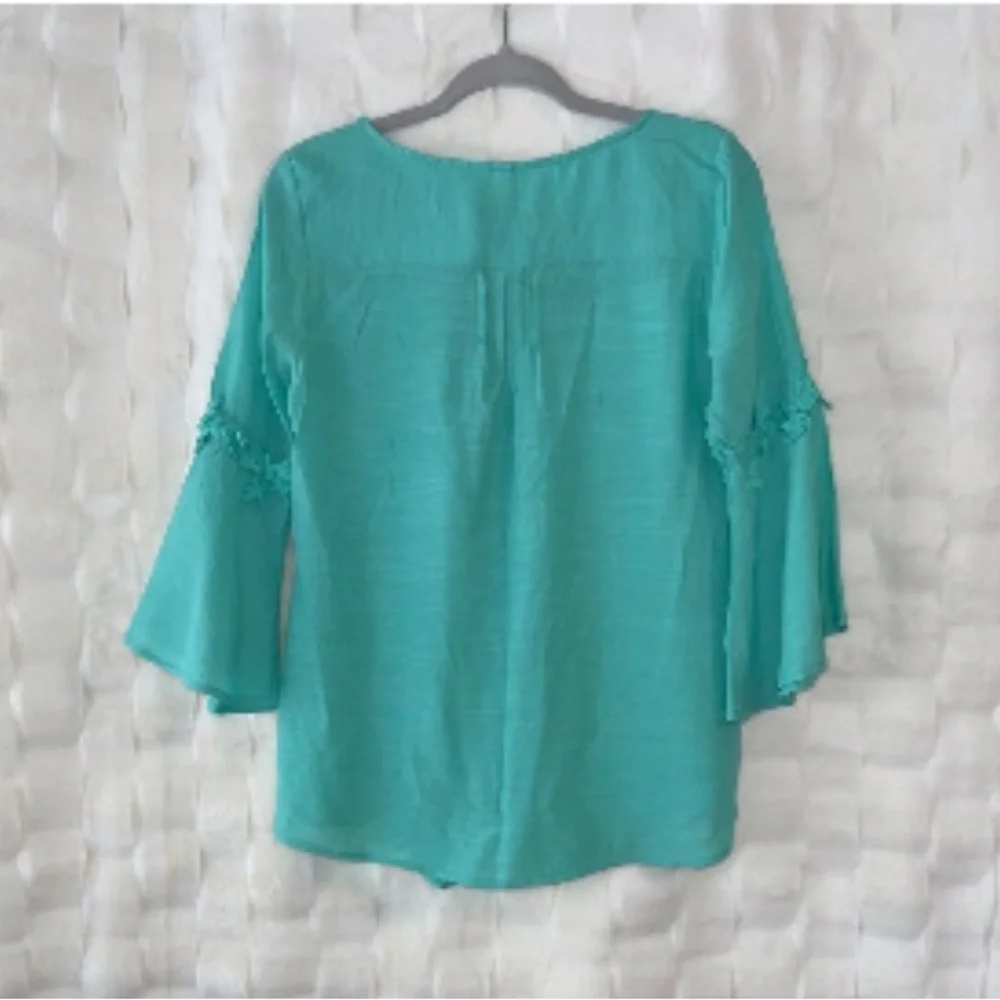 NY Collection Green 3/4 Sleeve Ruffled Tie Front Blouse - Picture 3 of 5
